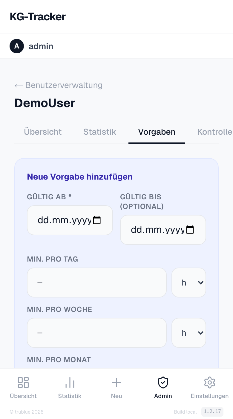 Admin – Trainingsvorgaben